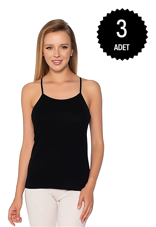 Gümüş 4023 Kadın Ribana ( Likralı ) İp Askı Düz Biye Atlet Siyah 3 lü Paket