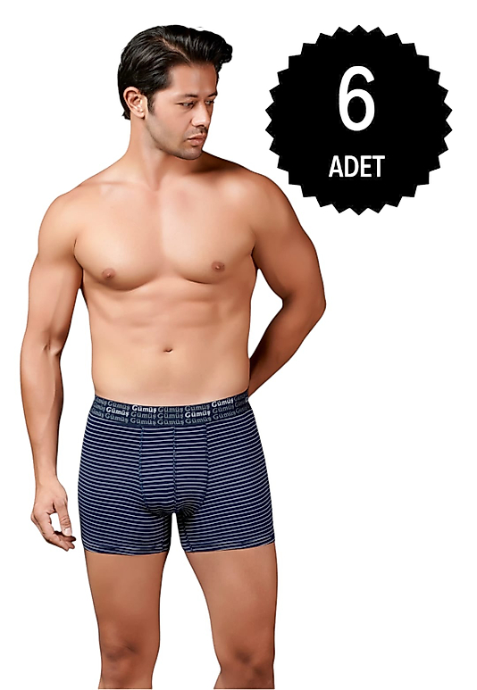 Gümüş 3114 Erkek Likralı Çizgili Boxer Lacivert 6 lı Paket