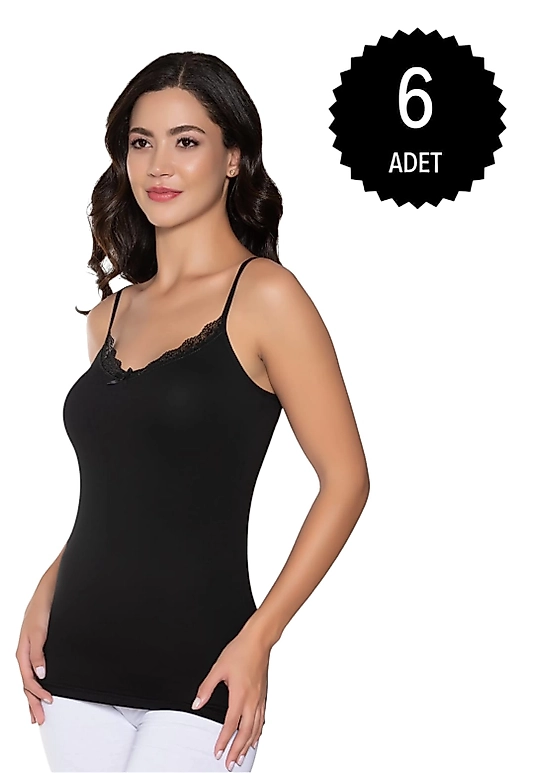 Gümüş 3105 Kadın Likralı İnce Dantelli Atlet Siyah 6 lı Paket