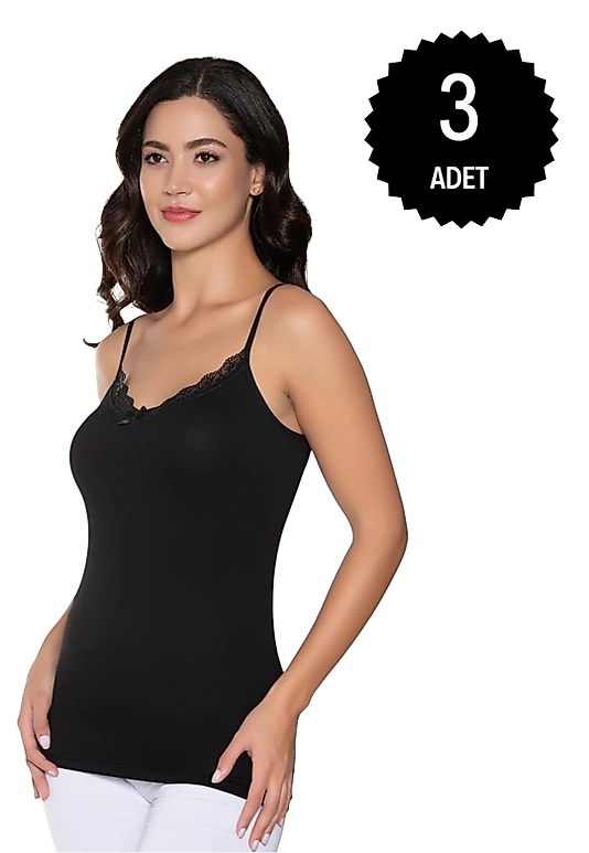 Gümüş 3105 Kadın Likralı İnce Dantelli Atlet Siyah 3 lü Paket