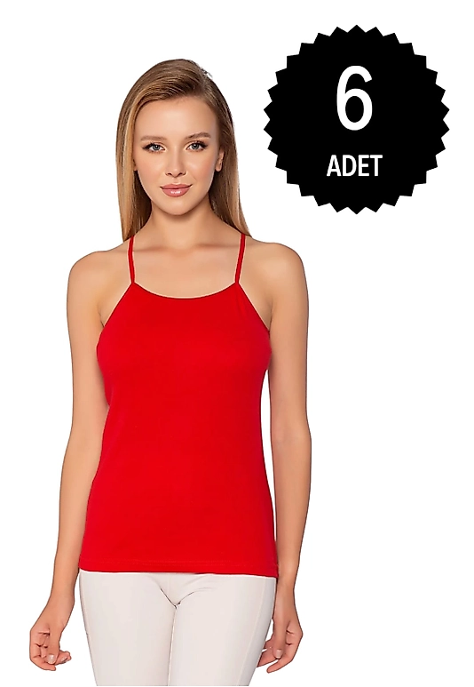 Gümüş 4023 Kadın Ribana ( Likralı ) İp Askı Düz Biye Atlet Kırmızı 6 lı Paket