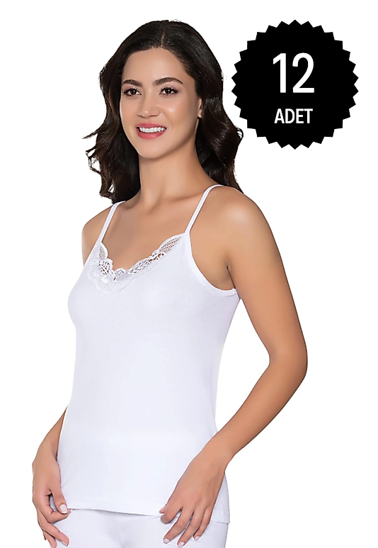 Gümüş 3010 Kadın Ribana (Likralı) İp Askı Güpürlü Atlet Beyaz 12 li Paket