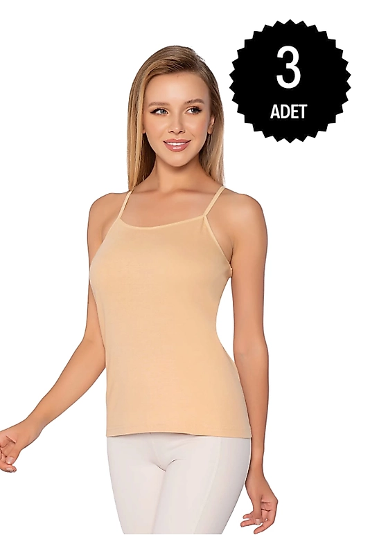 Gümüş 4023 Kadın Ribana ( Likralı ) İp Askı Düz Biye Atlet Ten 3 lü Paket