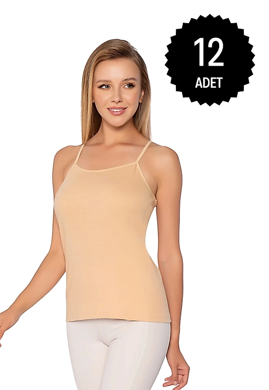 Gümüş 4023 Kadın Ribana ( Likralı ) İp Askı Düz Biye Atlet Ten 12 li Paket