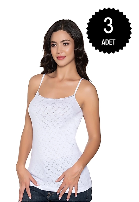 Gümüş 3080 Kadın Jakarlı İp Askı Atlet Beyaz 3 lü Paket