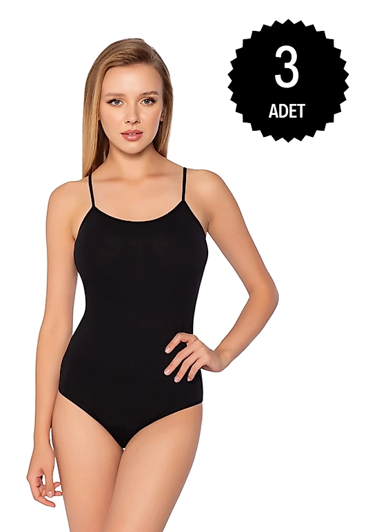 Gümüş 4025 Kadın Likralı İp Askı Kancalı Body Siyah 3 lü Paket