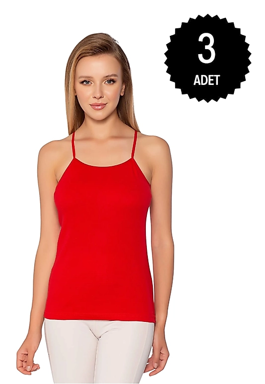 Gümüş 4023 Kadın Ribana ( Likralı ) İp Askı Düz Biye Atlet Kırmızı 3 lü Paket