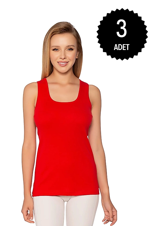 Gümüş 4024 Ribana Geniş Askı Düz Biye Atlet Kırmızı 3 lü Paket
