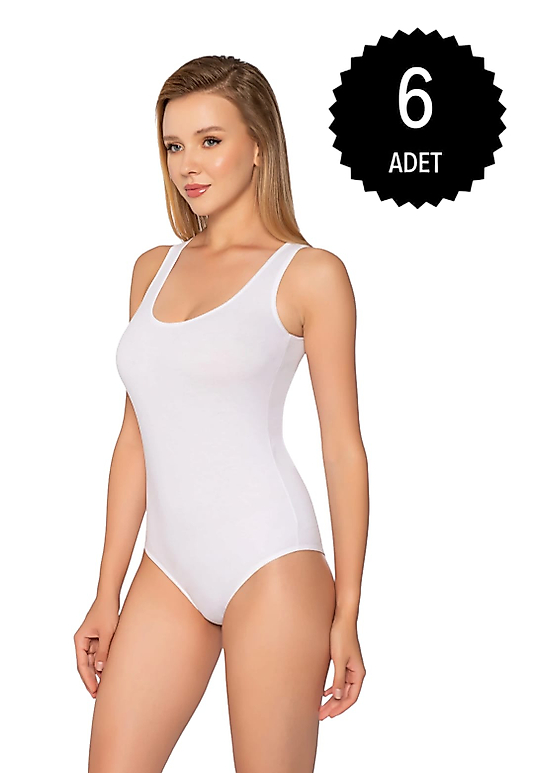 Gümüş 4027 Kadın Likralı Geniş Askı Kancalı Body Beyaz 6 lı Paket