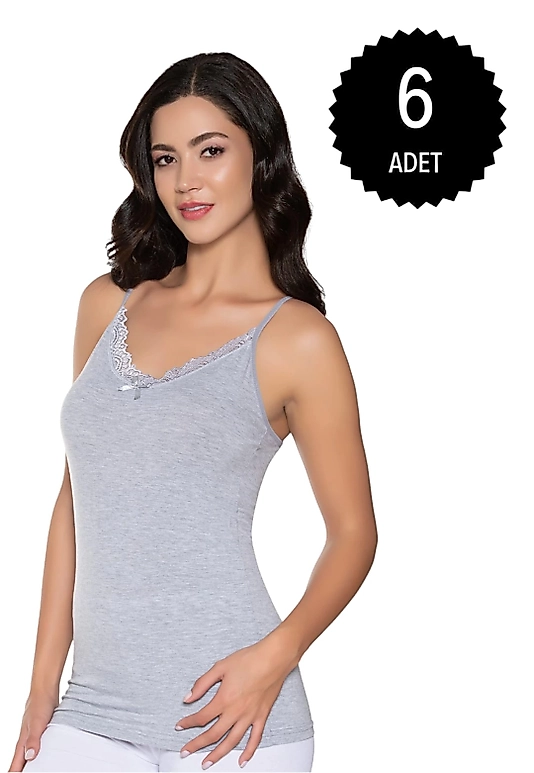 Gümüş 3105 Kadın Likralı İnce Dantelli Atlet Gri 6 lı Paket