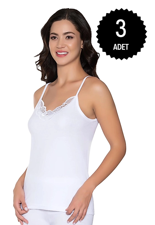 Gümüş 3010 Kadın Ribana (Likralı) İp Askı Güpürlü Atlet Beyaz 3 lü Paket