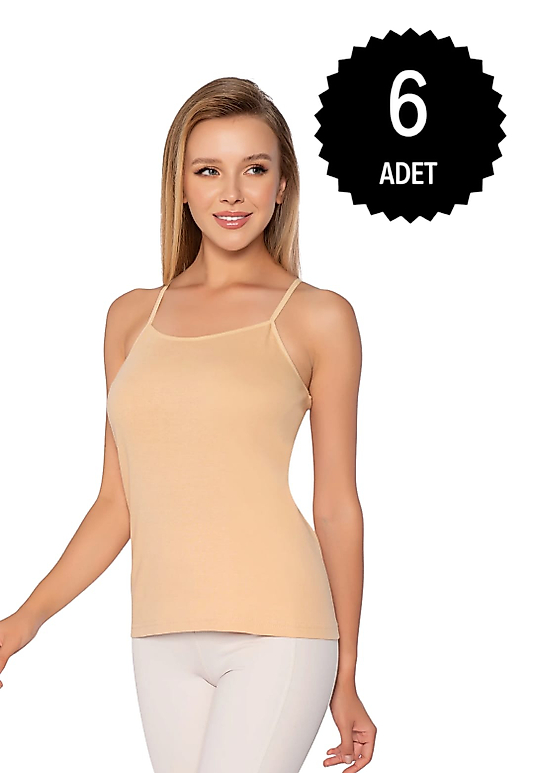 Gümüş 4023 Kadın Ribana ( Likralı ) İp Askı Düz Biye Atlet Ten 6 lı Paket