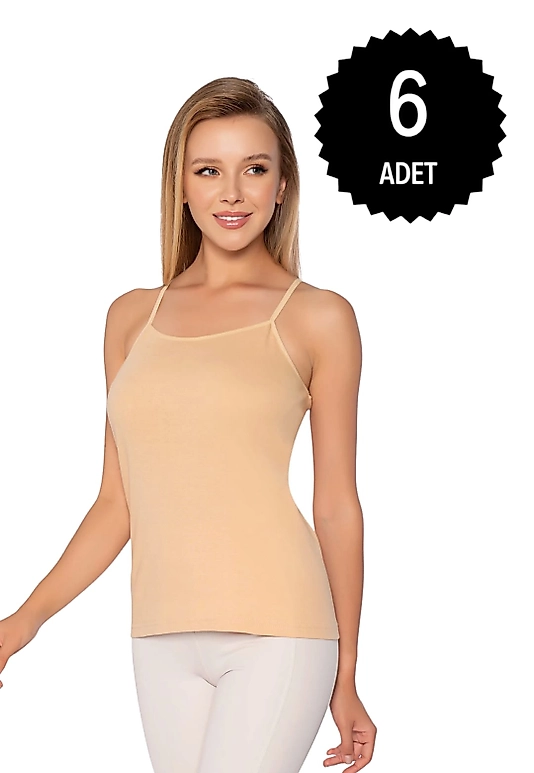 Gümüş 4023 Kadın Ribana ( Likralı ) İp Askı Düz Biye Atlet Ten 6 lı Paket