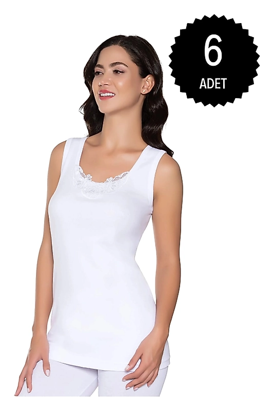 Gümüş 3011 Kadın Ribana ( Likralı) Geniş Askı Güpürlü Atlet Beyaz 6 lı Paket