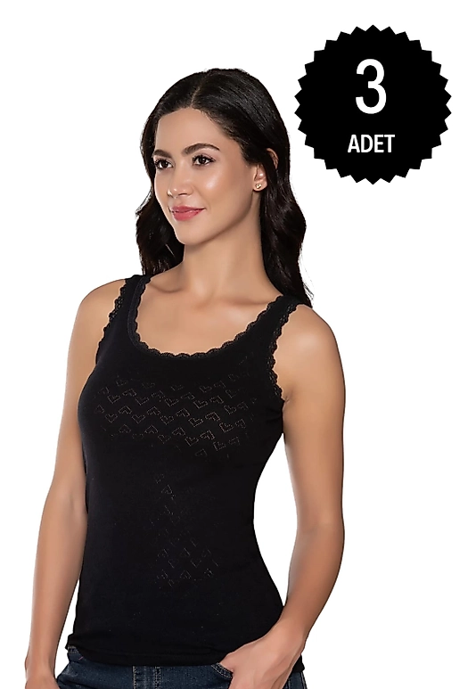 Gümüş 3081 Kadın Jakarlı Geniş Askı Atlet Siyah 3 lü Paket