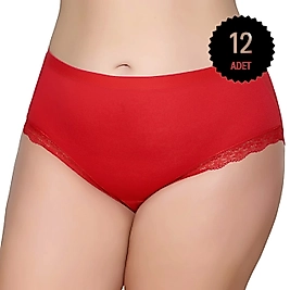 Gümüş 3085 Kadın Likralı Sur Dantel Yüksek Bel Bato Külot Kırmızı 12 li Paket