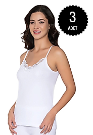 Gümüş 3010 Kadın Ribana (Likralı) İp Askı Güpürlü Atlet Beyaz 3 lü Paket