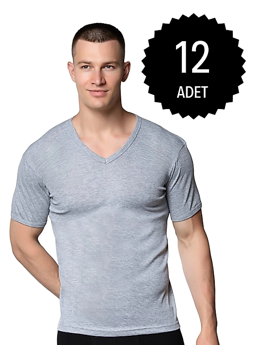 Gümüş 4051 Erkek V Yaka Spor Kollu Fanila Gri 12 li Paket
