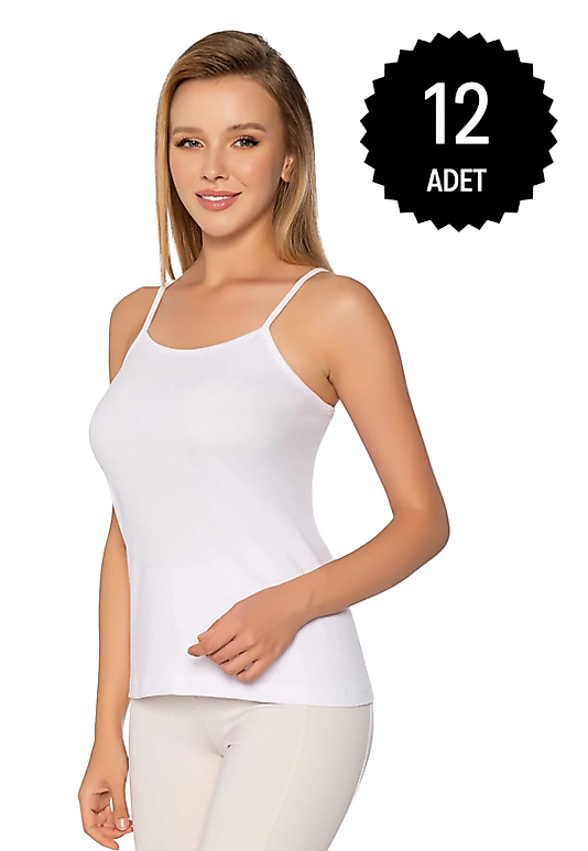 Gümüş 3008 Kadın Ribana ( Likralı) İp Askı Düz Biye Atlet Beyaz 12 li Paket