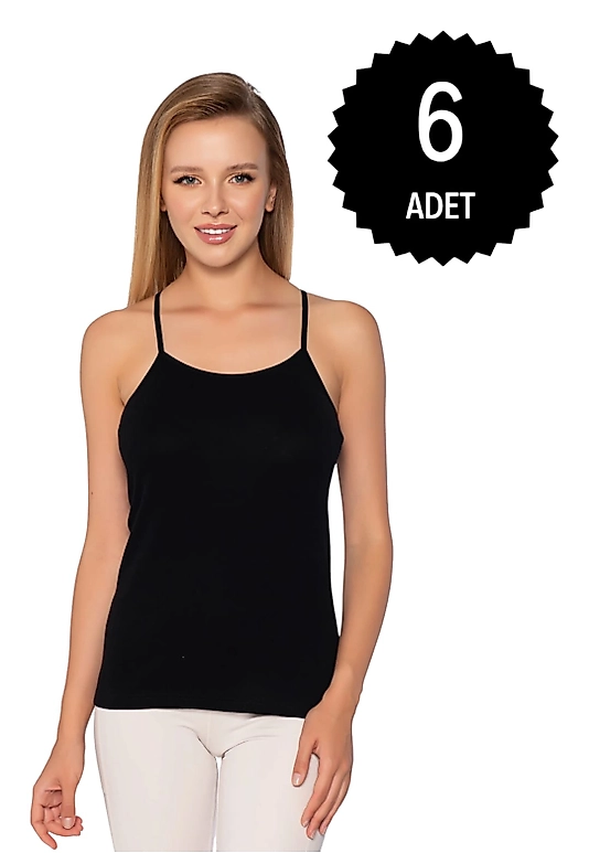 Gümüş 4023 Kadın Ribana ( Likralı ) İp Askı Düz Biye Atlet Siyah 6 lı Paket