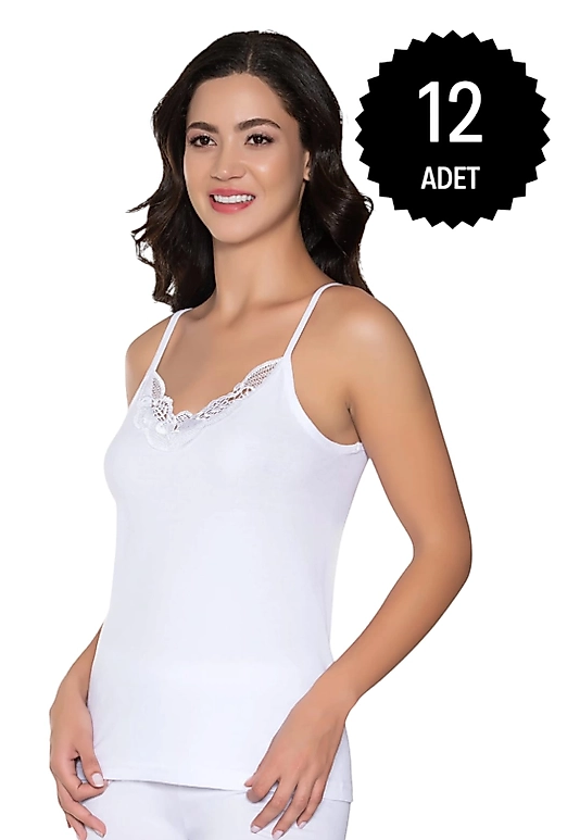 Gümüş 3010 Kadın Ribana (Likralı) İp Askı Güpürlü Atlet Beyaz 12 li Paket