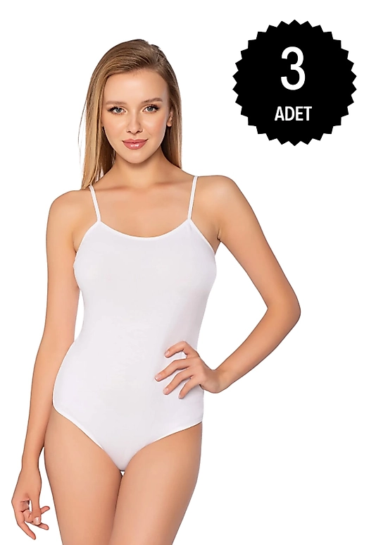 Gümüş 4025 Kadın Likralı İp Askı Kancalı Body Beyaz 3 lü Paket