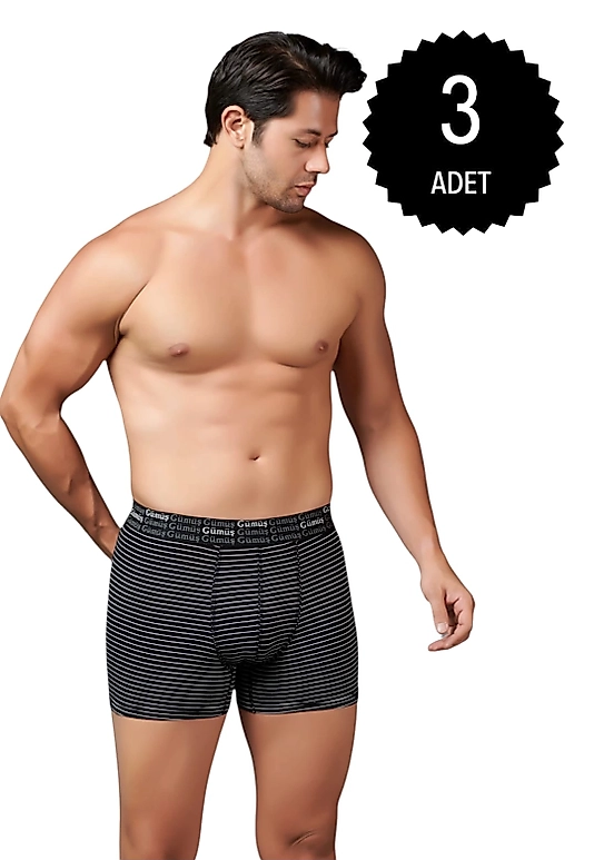 Gümüş 3114 Erkek Likralı Çizgili Boxer Siyah 3 lü Paket