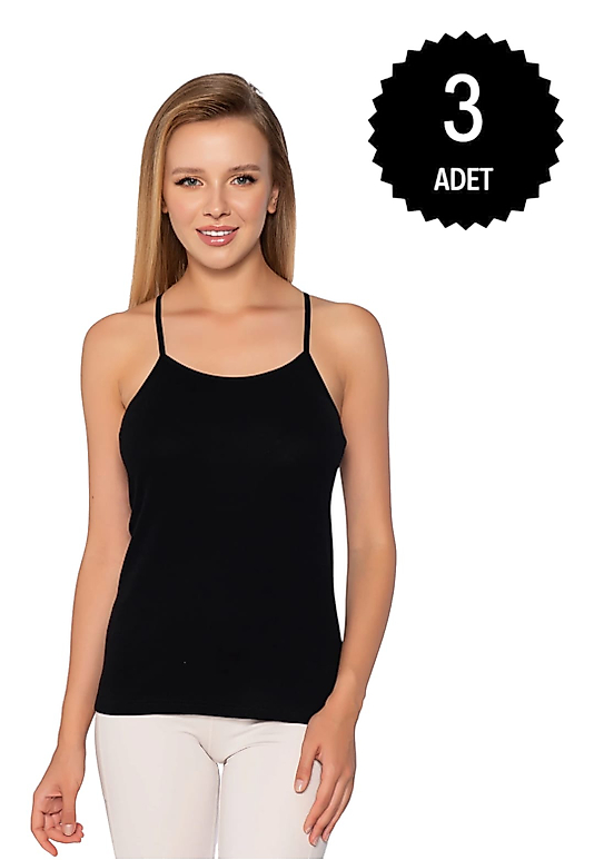 Gümüş 4023 Kadın Ribana ( Likralı ) İp Askı Düz Biye Atlet Siyah 3 lü Paket