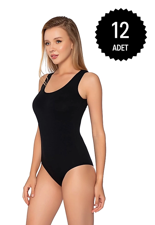 Gümüş 4027 Kadın Likralı Geniş Askı Kancalı Body Siyah 12 li Paket