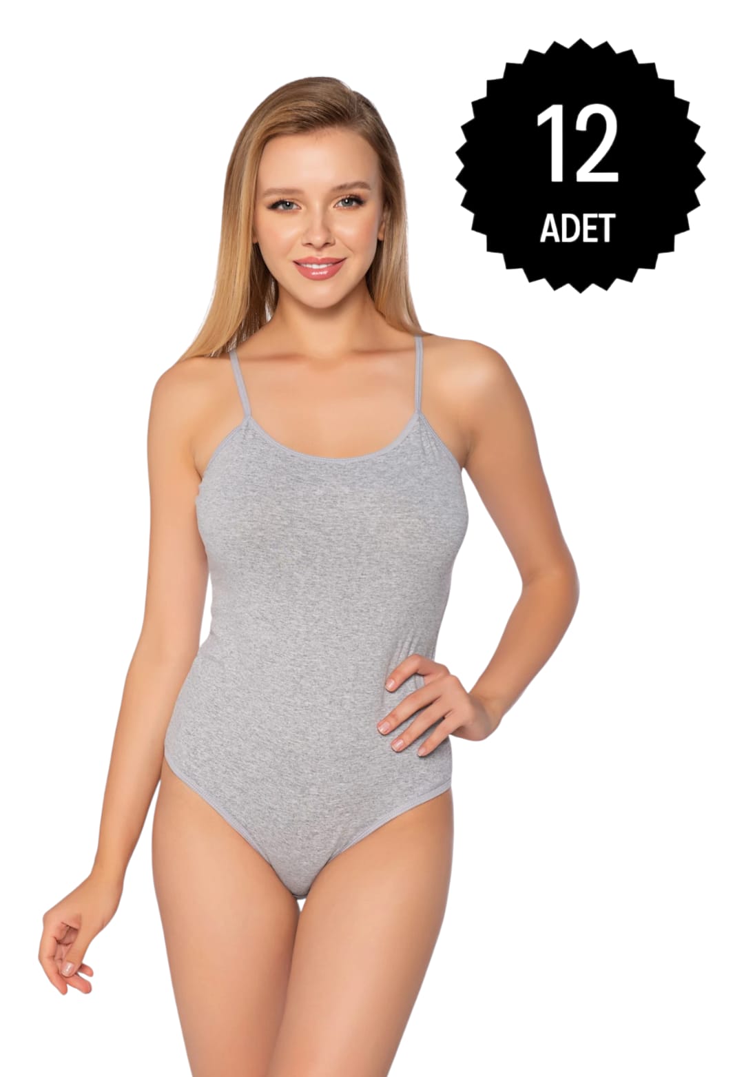 Gümüş 4025 Kadın Likralı İp Askı Kancalı Body Gri 12 li Paket