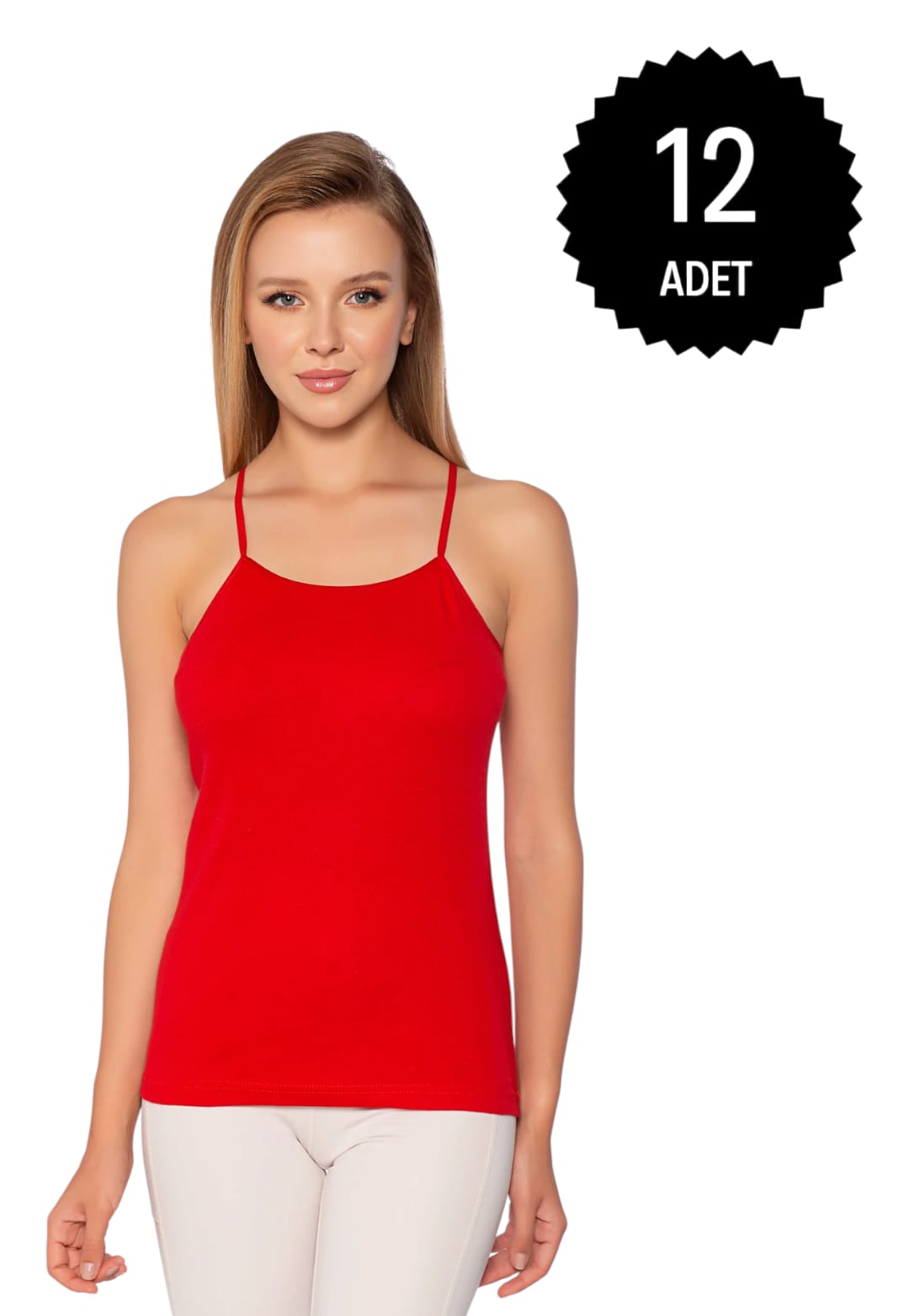 Gümüş 4023 Kadın Ribana ( Likralı ) İp Askı Düz Biye Atlet Kırmızı 12 li Paket