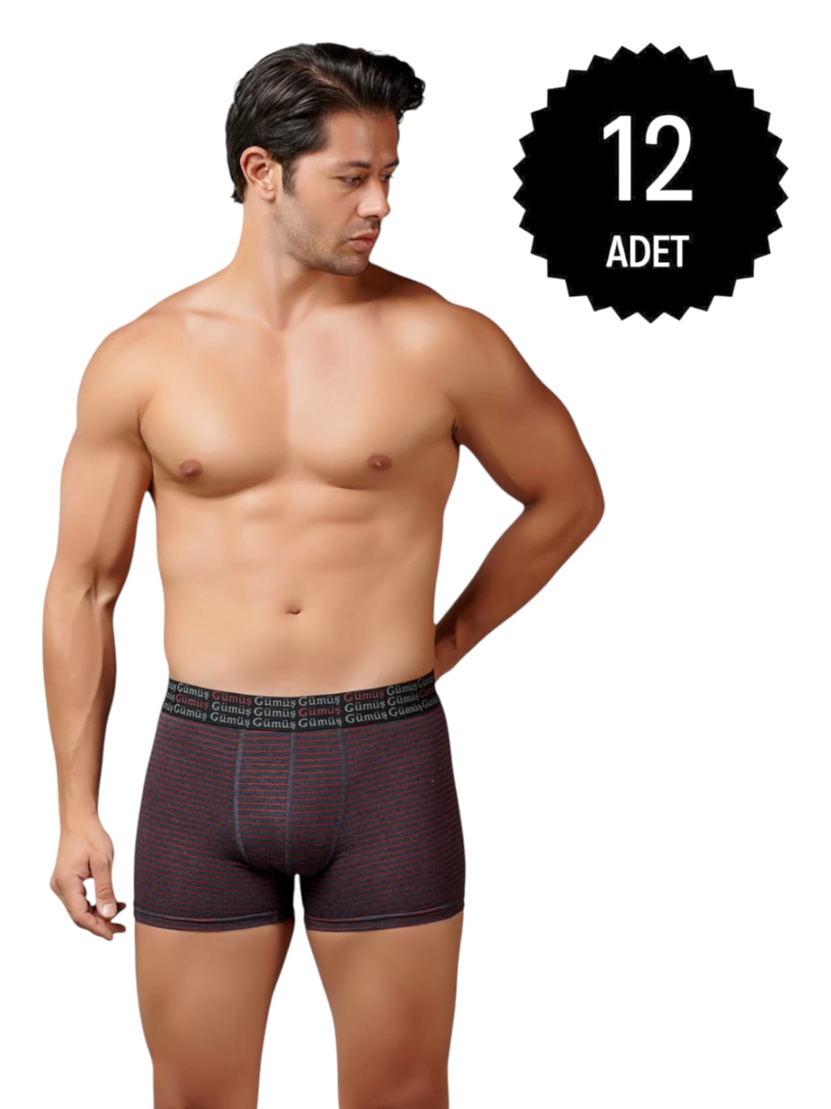 Gümüş 3114 Erkek Likralı Çizgili Boxer Antrasit 12 li Paket