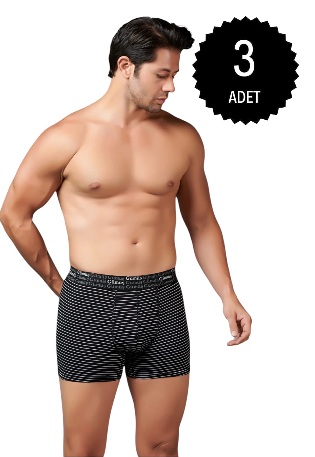 Gümüş 3114 Erkek Likralı Çizgili Boxer Siyah 3 lü Paket